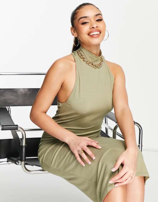 NA-KD back twist jersey dress in khaki