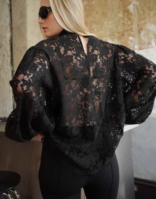 NA-KD Ballonärmel-Spitzenbluse in Schwarz, 2 von 5