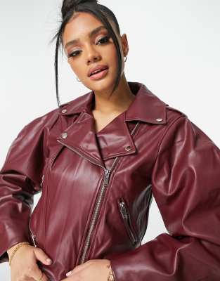 Na-kd Balloon Sleeve Faux Leather Jacket In Burgundy-red ModeSens