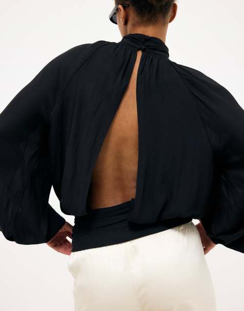 NA-KD Balloon sleeve open back blouse in black - view 1