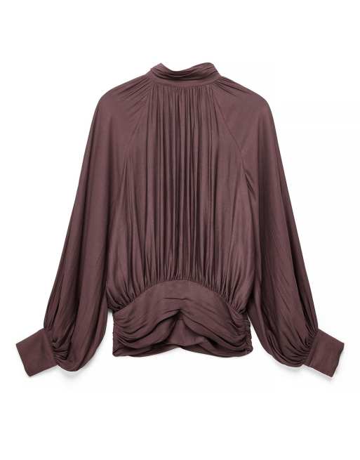 NA-KD Balloon sleeve open back blouse in plum, 5 of 5