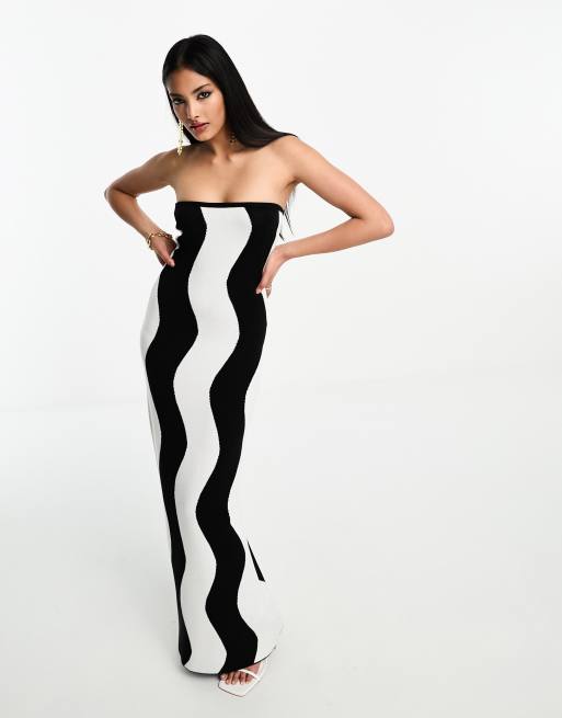 NA-KD bandeau knitted maxi dress in black wave