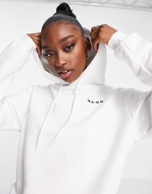 NA-KD – Baumwoll-Kapuzenpullover in Weiß mit Logoprint WHITE ASOS