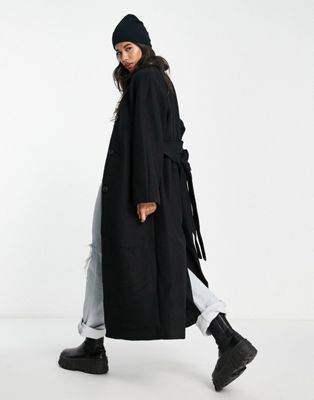 NA-KD belted maxi coat in black