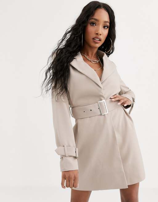 NA-KD belted mini blazer dress in beige | ASOS