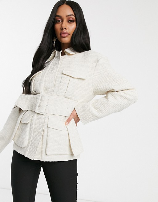 NA-KD belted tweed utility jacket in off white