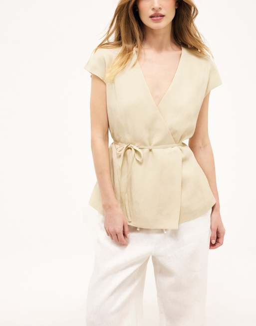NA-KD Belted wrap top in cream, 2 of 5