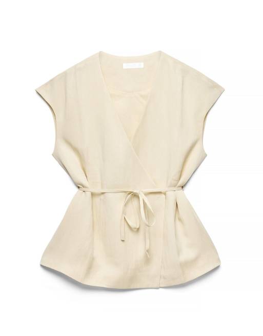 NA-KD Belted wrap top in cream, 5 of 5