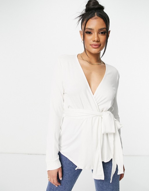 NA-KD belted wrap top in white
