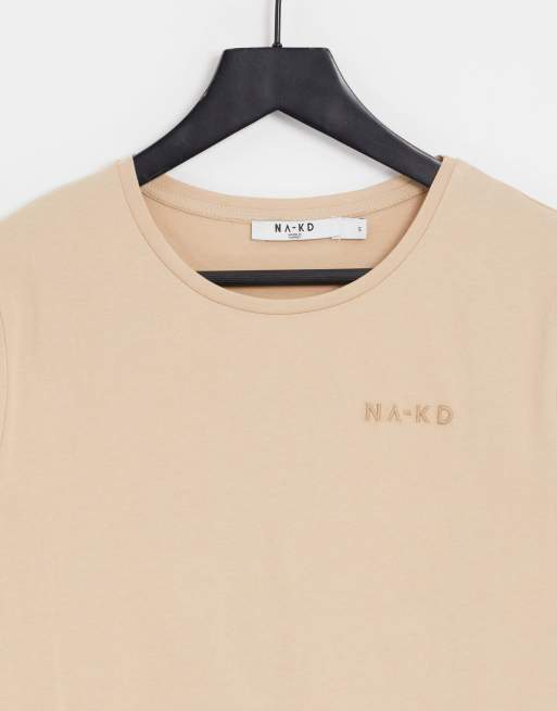 NA-KD – Beżowy bawełniany T-shirt oversize z logo – BEIGE, 2 z 4