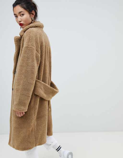 Na kd big collar teddy coat in brown