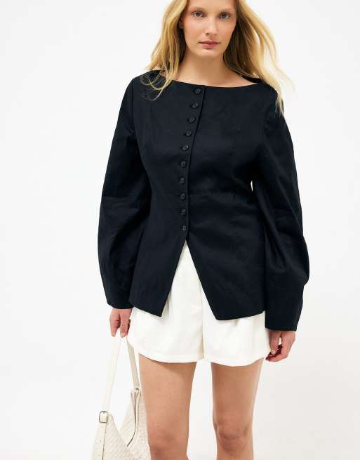 NA-KD Blazer aus Leinenmix mit U-Boot-Ausschnitt in Schwarz, 2 von 5