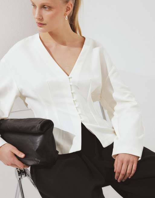 NA-KD - Blouse ajustée et boutonnée - Crème, 3 de 5