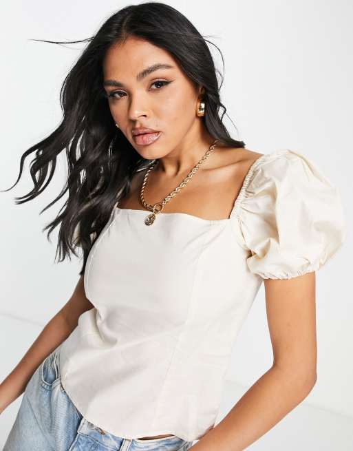 NA-KD - Blouse met korte ballonmouwen in gebroken wit