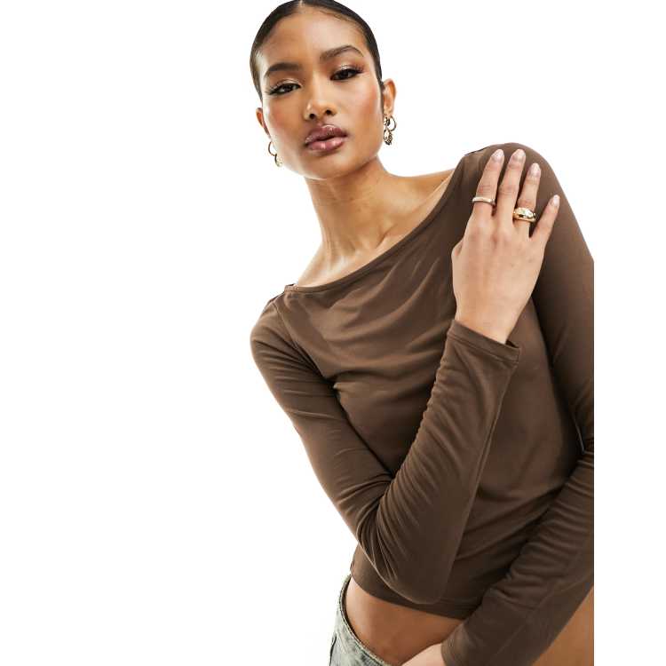NA-KD boat neck long sleeve top in brown | ASOS