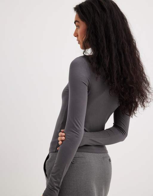 NA-KD boat neck long sleeve top in grey | ASOS