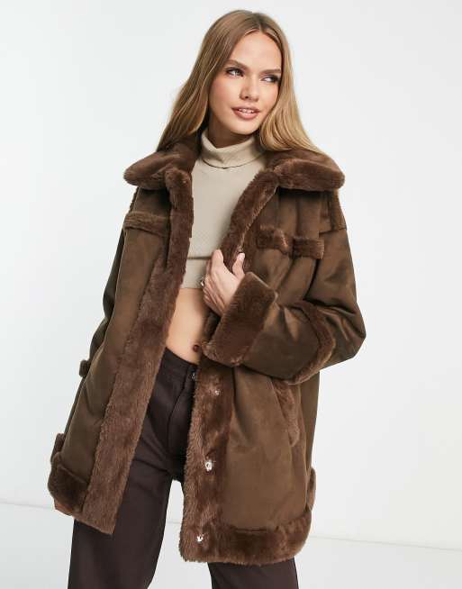 Missguided faux fur bomber jacket in chocolate - BROWN