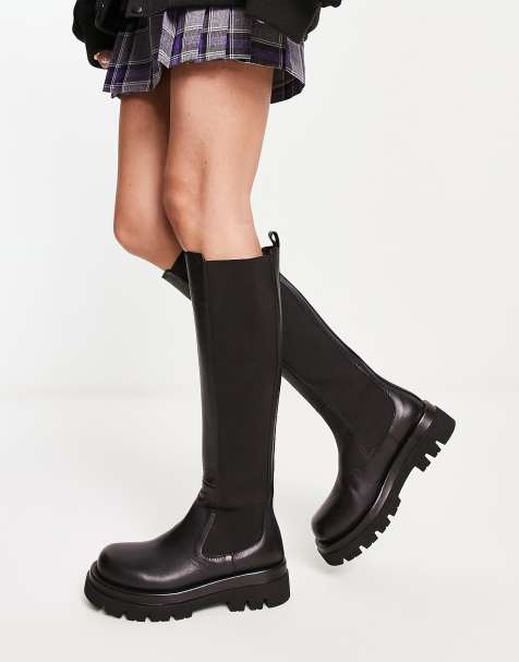 NA-KD - Bottines hauteur genou en cuir à semelle chunky - Noir - view 1