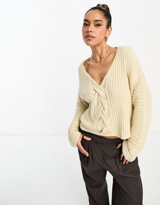 NA-KD braided knitted sweater in beige