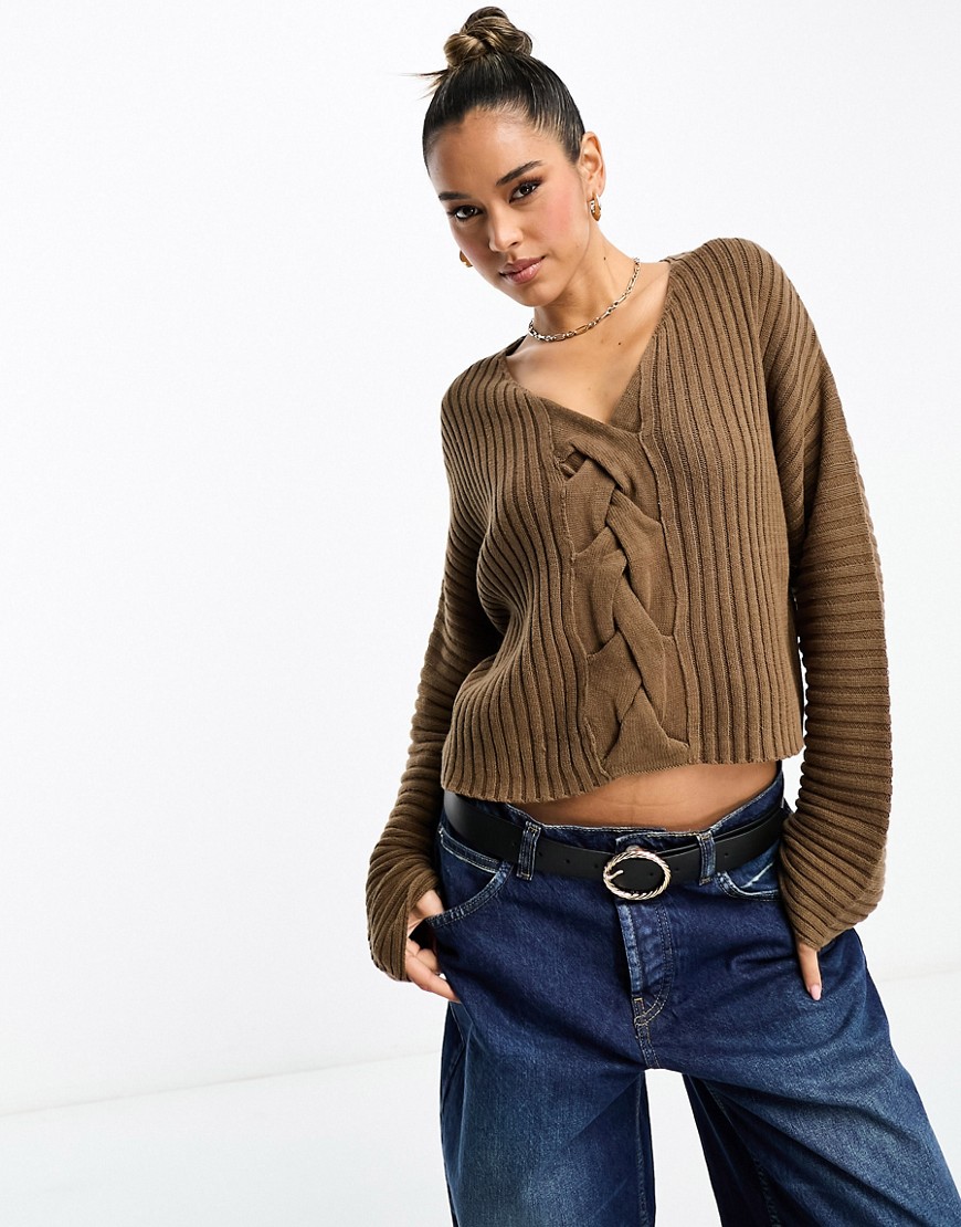 NA-KD braided knitted sweater in brown