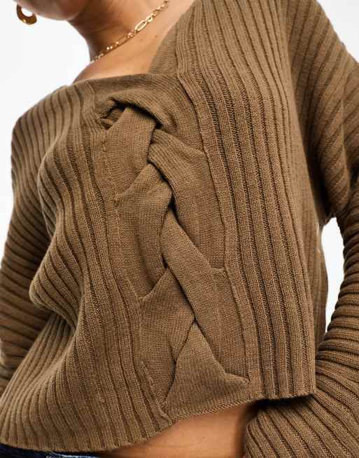 NA-KD braided knitted sweater in brown