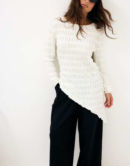 NA-KD Bubble knit asymmetric top in offwhite, 4 of 5