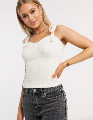 NA-KD bustier tie shoulder top in off white-Beige