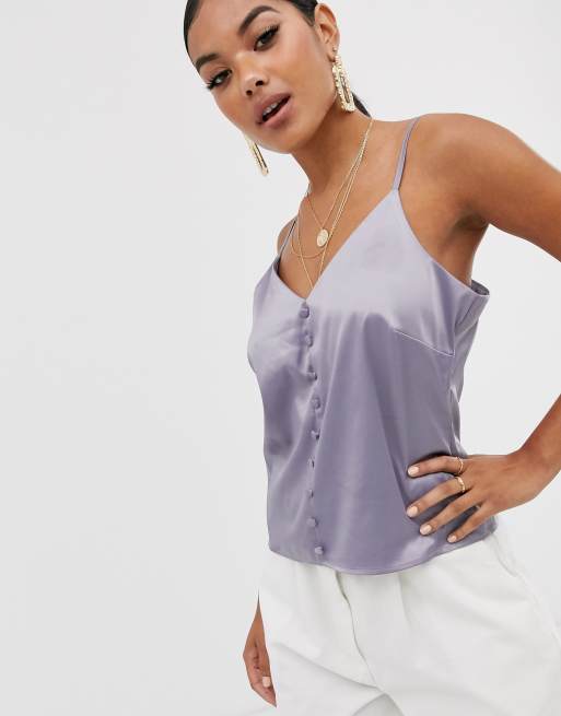 NA KD button through satin cami top in grey ASOS