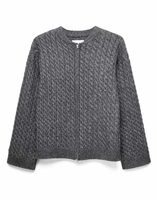 NA-KD Cable knit zip sweater in dark grey, 4 of 5
