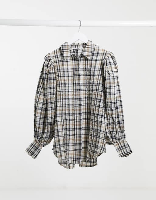 NA-KD - Camicia oversize a quadri con maniche a sbuffo marrone
