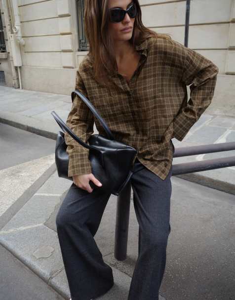 NA-KD Checked sheer shirt in brown