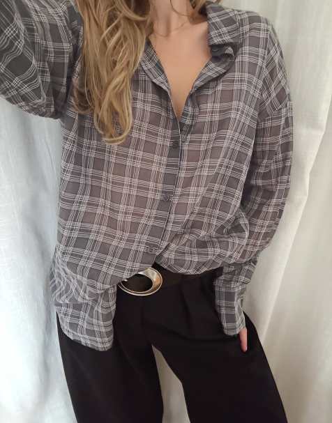 NA-KD Checked sheer shirt in grey - view 1