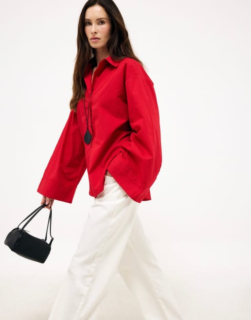 NA-KD chemise en coton à manches larges rouge, 3 de 5