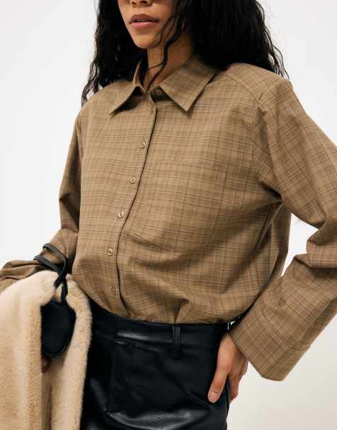 NA-KD Chemise oversize à épaulettes à carreaux beige - view 1
