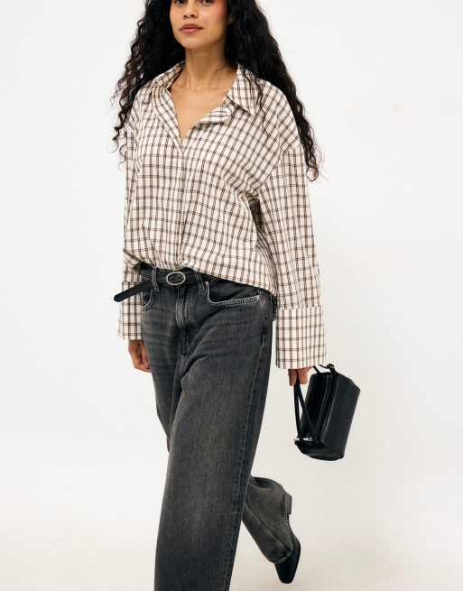 NA-KD chemise oversize en coton avec détail aux poignets à carreaux crème, 3 de 5