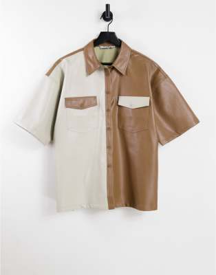 NA-KD - Chemise oversize en similicuir effet color block - Beige 