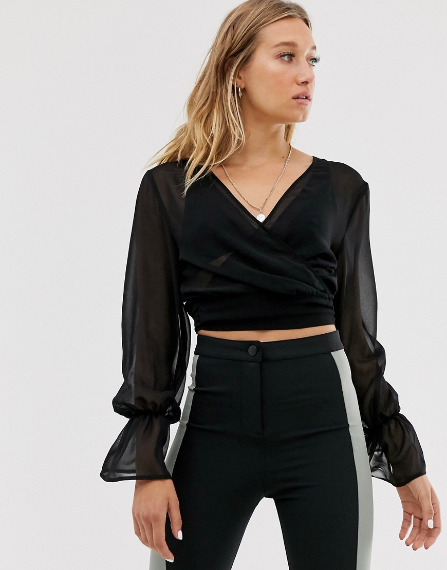 NA-KD - Chiffon blouse met ballonmouwen in zwart
