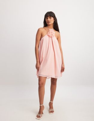 chiffon flower detail mini dress in pink