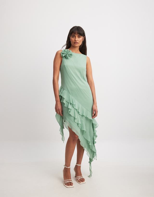 NA-KD - chiffon ruffle detial midi dress in green