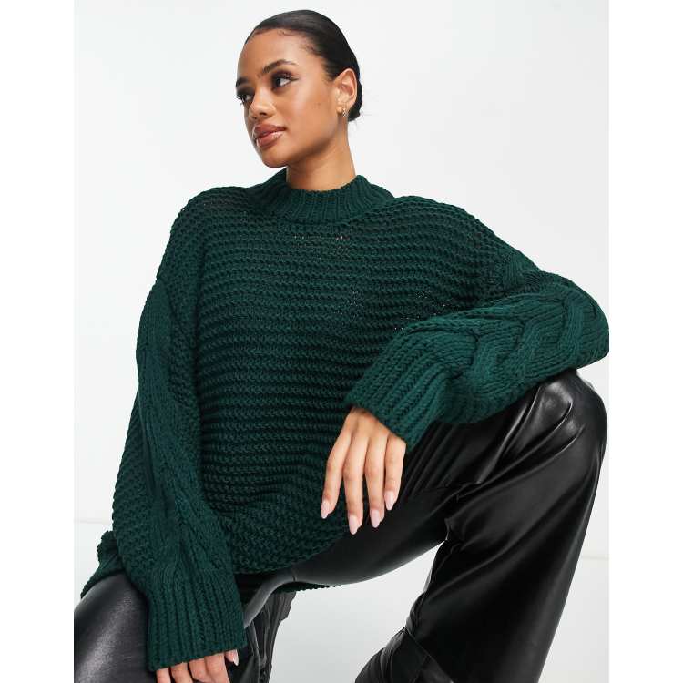 NA-KD chunky cable knitted sweater in dark green