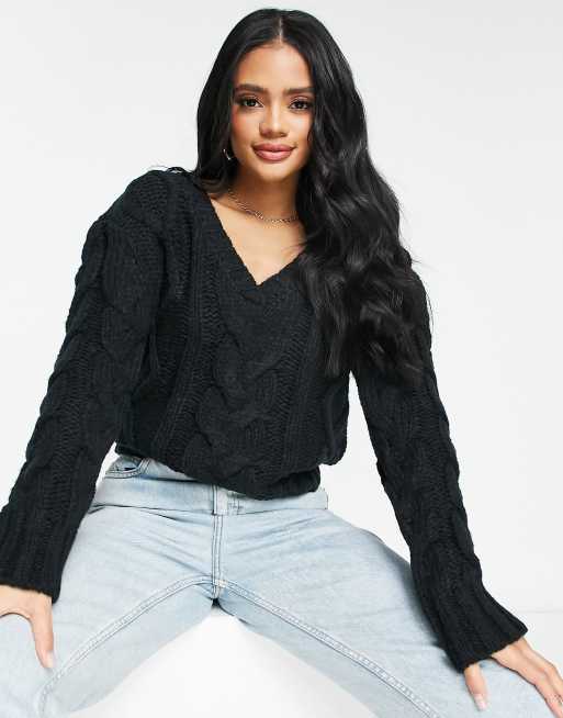 NAKD chunky knit v neck jumper in black ASOS