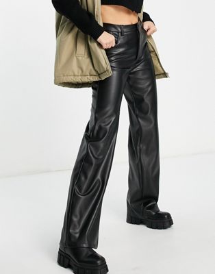 NA-KD co-ord faux leather straight leg trousers in black