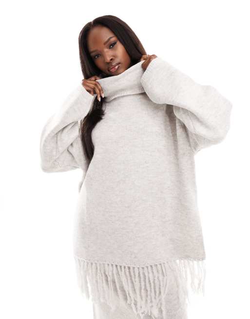 NA-KD co-ord high neck fringe edge jumper in greige