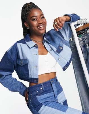 NA-KD co-ord patchword cropped denim jacket in blue - ASOS Price Checker