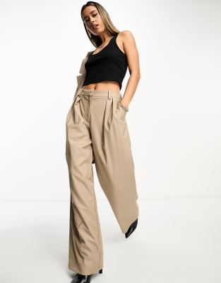 NA-KD NA-KD co-ord pleated wide leg trousers in beige-Neutral