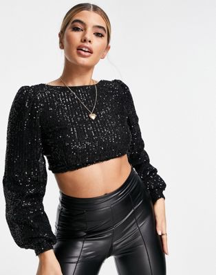 NA-KD co-ord sequin long sleeve cropped top in black