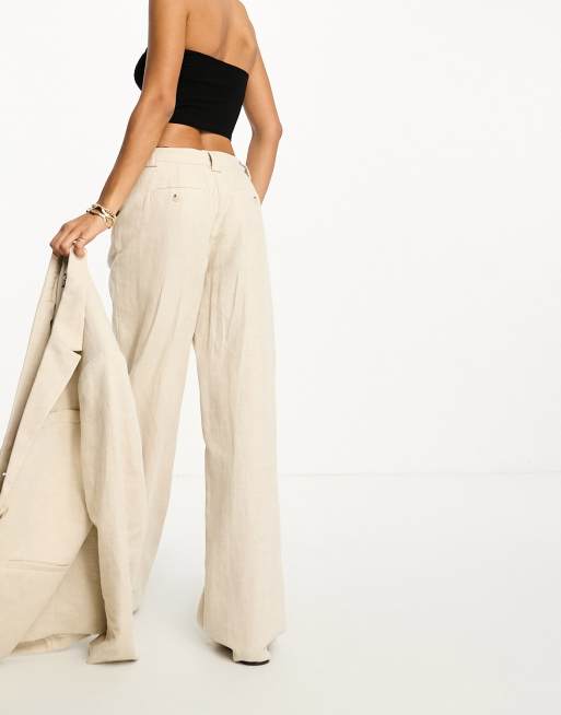 Bershka high waisted wide leg linen trousers in black