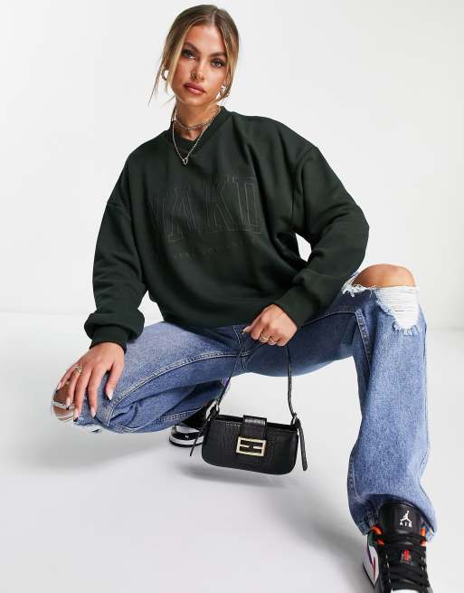 NA-KD – College-Sweatshirt in Dunkelgrün mit Logoprint