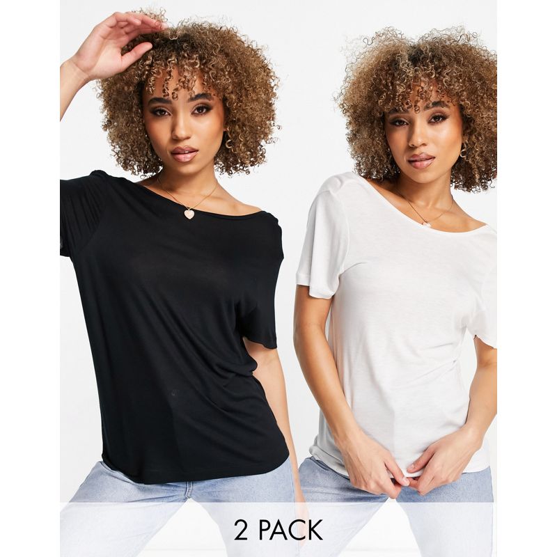 3kFn7 Donna NA-KD - Confezione da 2 T-shirt in cotone nera e bianca con scollo rotondo sul retro