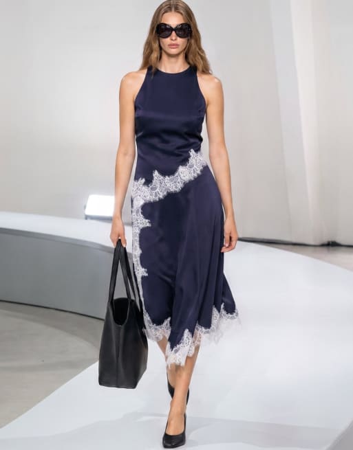 NA-KD Contrast lace satin midi dress in navy, 5 of 5